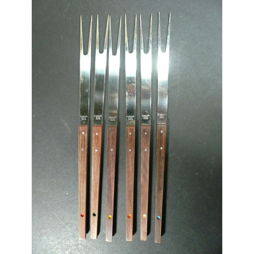 Vintage Set of 6 Stainless Steel & Teakwood Fondue 10" Forks Japan